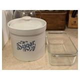 VINTAGE PFALTZGRAFF YORKTOWNE COVERED CANISTER (SMALL CHIP ON BOTTOM EDGE) & PYREX LOAF PAN - KITCHEN