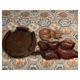 SOLID DARK PINE WOOD TABLE CENTERPIECE, MONKEY POD WOOD PINEAPPLE SERVER & VINTAGE HAND CARVED WOODEN DIVIDED TRAY - UP BED 2