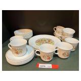 KIT… Vintage Corelle dishware, Indian summer pattern, includes coffee cups, plates, bowls, and saucers. Approximately 30 pieces, some of the plates have rough edges, and or chips, see pictures for d