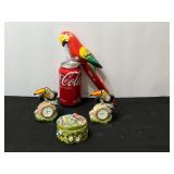 Master… Assorted exotic bird themed decor to include small desk clock, trinket box, and grocery list holder. See pictures for details.