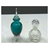 MAIN… Lovely collector perfume bottles with stoppers, includes a faceted hand cut bottle, two pieces, see pictures for details.