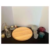 BR1… wooden Lazy Susan tray with assorted tea light candle holders and ornament hanger, see pictures for details.