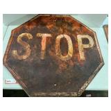 Large metal vintage stop sign with embossed lettering and trim, see pictures for details.