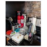 ALL ITEMS IN KITCHEN COUNTERTOP AREA MARKED 1240 INCLUDING BAIL LID GLASS STORAGE JARS, PAPER TOWEL HOLDER, FIRE EXTINGUISHERS, AND MORE