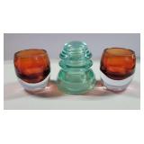 WHITALL TATUM CO. #1 BELL INSULATOR & PAIR OF ART GLASS CANDLEHOLDERS