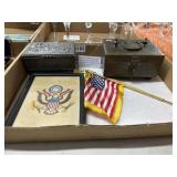 Misc metal boxes n American flag n seal framed