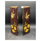 Pair hand painted vases wood 12" tall