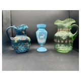 3pc vintage  glass pitchers Mary Gregory vase