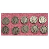 10 - silver 1920s Mercury dimes