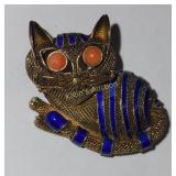 Enamel cat brooch gold over sterling silver