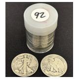 Lot #92- Roll of 20 Walking Liberty Half Dollars