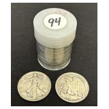 Lot #94 Roll of 20 Walking Liberty Half Dollars