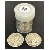 Lot #98 Roll of 20 Walking Liberty Half Dollars