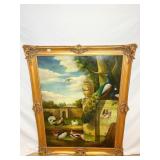 FARM SCENE W/ PROMINENT PEACOCK PRINT ON CANVAS