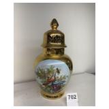 PORCELAIN URN W/ GOLD AND HAND PAINTED SCENE 11"