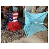 PATRIOTIC FOLDING LAWN CHAIR & BLUE UMBRELLA