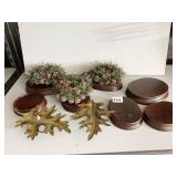 METAL LEAVES, WOOD PEDESTALS, CANDLE WREATHS