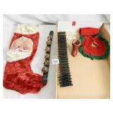 VINTAGE HOLIDAY STOCKING, LEATHER STRAP BELLS,