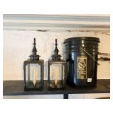 2 CANDLE LANTERN AND BLACK 5-GAL BUCKET WITH LID