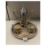 ROGERS TEA POT, CREAMER, SUGAR, TRAY SILVER PLATE