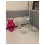 2 SMALLER GLASS DISHES AND PINK VASE 8IN