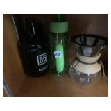 POUR OVER BODUM W/ BROWER, AND BEVERAGE BOTTLE