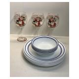 CORELLE PLATES, BOWLS, SANTA WINE GLASSES