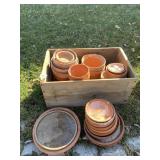 WOOD BOX AND CLAY PLANTERS