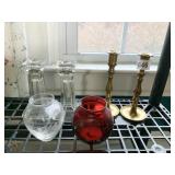 BRASS CANDLE STICKS, GLASS CANDLE STICKS, ETC.