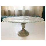 CLEAR BEADED GLASS AND METAL CAKE PLATE