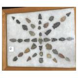 37 ARROWHEADS IN A FRAMED DISPLAY CASE-15.5 X 12.5