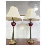 PAIR BOHEMIAN GLASS TABLE LAMPS WITH SHADES.