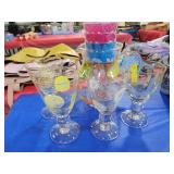 GLASS PITCHER W/4 GLASSES AND 4 PLASTIC CUPS