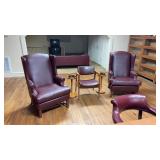 Leather Wing-back Chairs- 2Red Glass Ashtrays