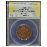 1855 LARGE CENT - ANACS GRADED: EF40 DETAILS -