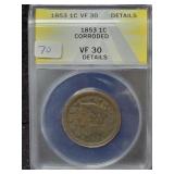 1853 LARGE CENT - ANACS GRADED: VF30 DETAILS -