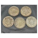 (5) CANADA SILVER HALF DOLLARS: 1937, 40, 42, 52