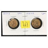 x2- 1954-S Lincoln cents, Unc. -x2 cents -Sold by