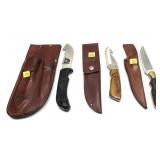 Lot, 3 hunting knives with leather sheaths: