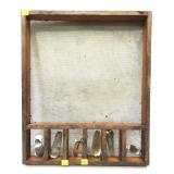 Vintage sifting box with 6 assorted lures