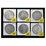 x6- Morgan dollars: 1883, 84, 84-S, 89, 89-O &