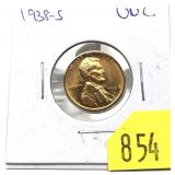 1938-S Lincoln cent, Unc.