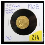 1908 $5 Gold Indian Head Half Eagle, AU