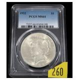 1922 Peace dollar PCGS slab certified MS-64