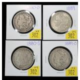 x4- Morgan Silver dollars: 1880-O, 1880-S, 1889,