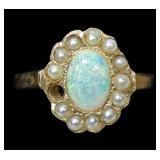 14K Yellow gold cabochon opal ring with seed pearl