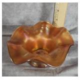 CARNIVAL GLASS BOWL WAVY RIM EMBOSSED FLOWERS 6"