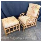 Rattan Chair by Clark Casual Furniture with matching Ottoman, good frame-needs new webbing & cushions