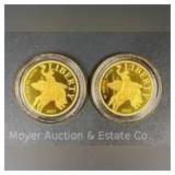 (2) 2023 Cook Islands $5 Liberty Taming the West Gold Coins (200 mg/.9999 Fine Gold), 1.25" Round