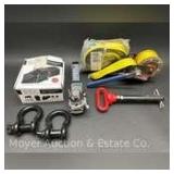 Group of Shackles, Hitch Parts, New Tree Saver Strap, Hand Winch, Etc.